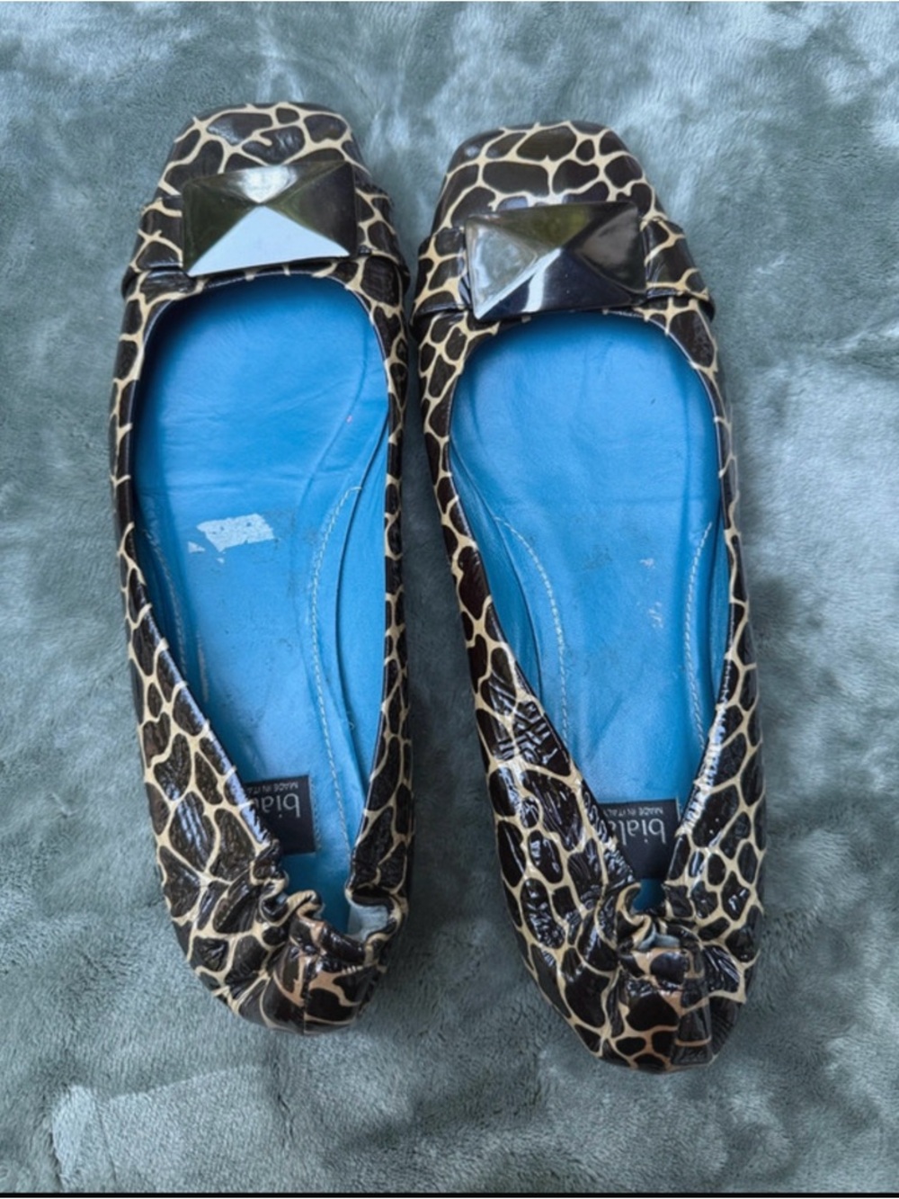 Giraffe-Print Ballet Flats with Black Pyramid Accent